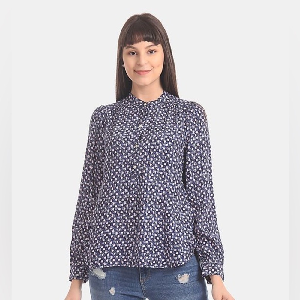 GAP Women Blue Floral Print Popover Top - XS
